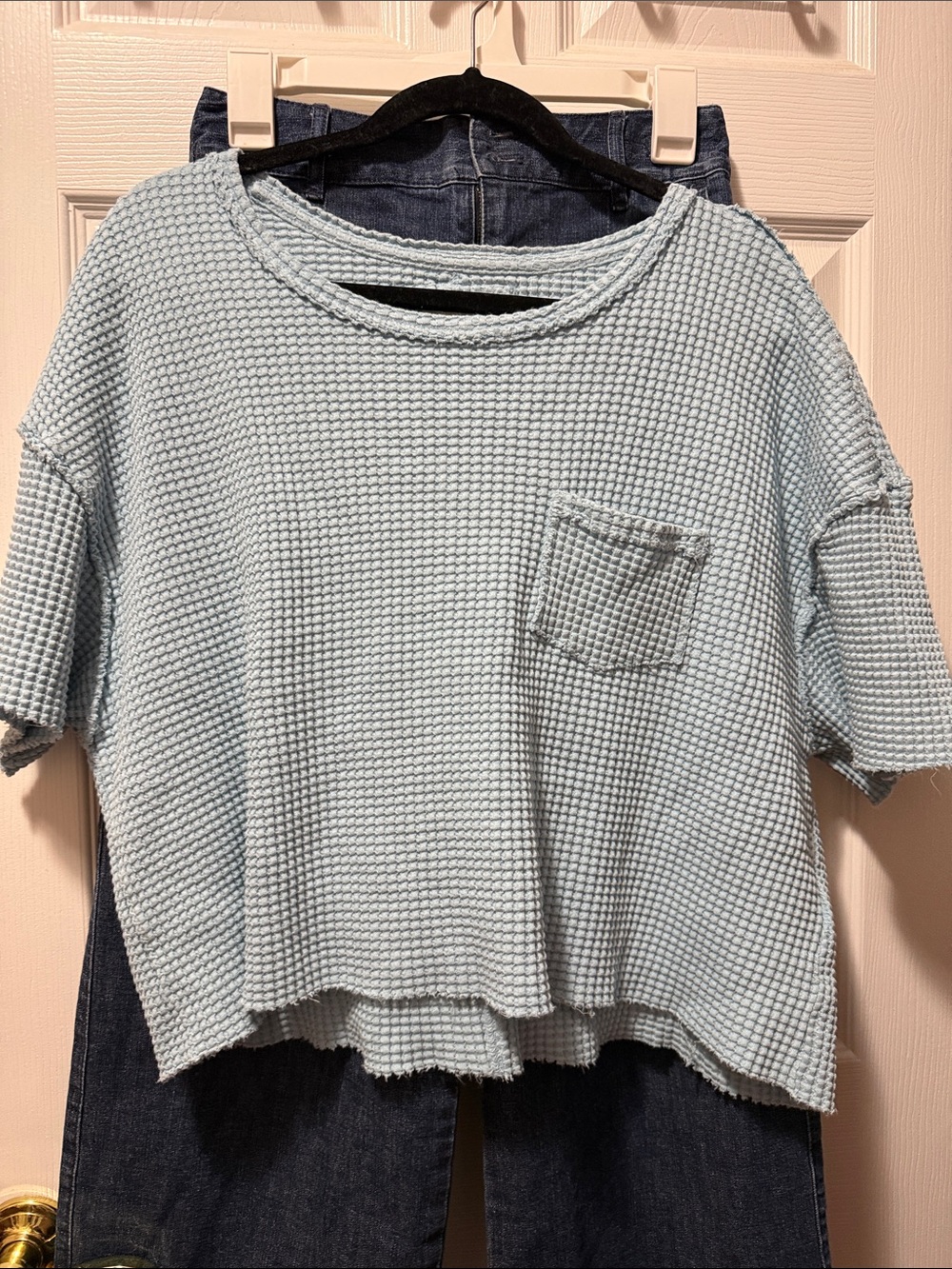 Pilcro Waffle-Knit Boxy Crop Top in Light Blue